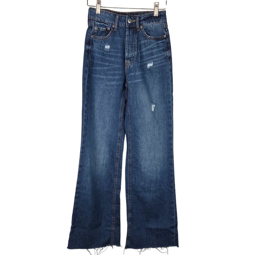 Aero High Rise Wide Leg Jeans Womens 000 Reg Blue Excellent Distressed Denim